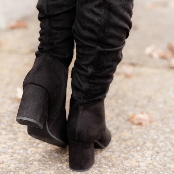 Pink Lily Suede Black Block Heel with Ruched Fabric Tall Boots Size 6.5 - Picture 3 of 10
